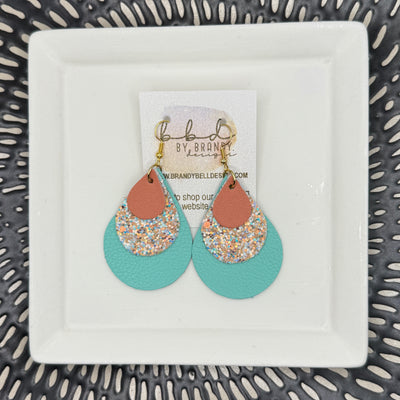 LINDSEY -  Leather Earrings  || <BR> MATTE CORAL, <BR> PEACHES & CREAM GLITTER (FAUX LEATHER), <BR> MATTE ROBINS EGG BLUE