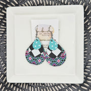 LINDSEY -  Leather Earrings  || <BR> ROBINS EGG BLUE AND WHITE POLKA DOTS, <BR> BLACK & WHITE CHECKERED, <BR> GEOMETRIC PRINT