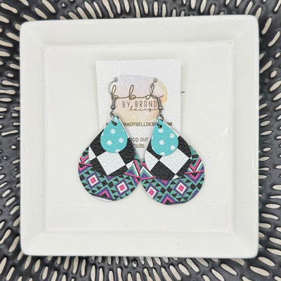 LINDSEY -  Leather Earrings  || <BR> ROBINS EGG BLUE AND WHITE POLKA DOTS, <BR> BLACK & WHITE CHECKERED, <BR> GEOMETRIC PRINT