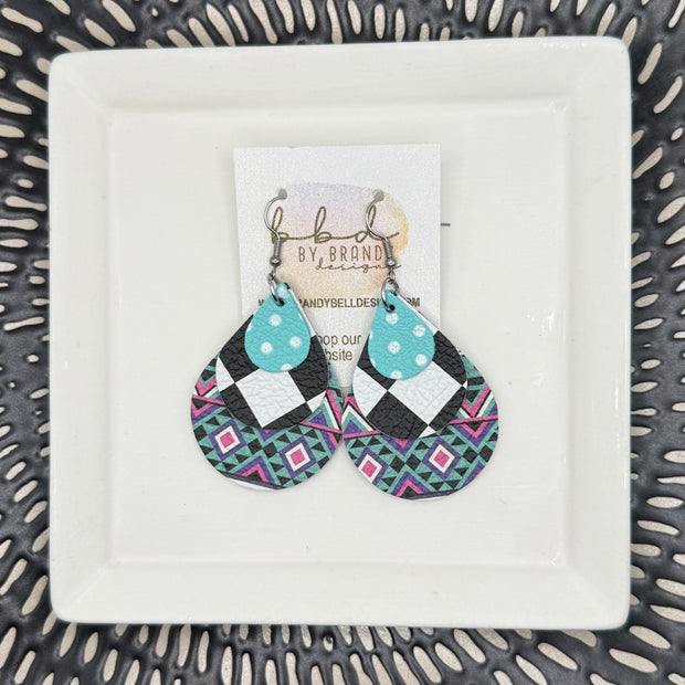 LINDSEY -  Leather Earrings  || <BR> ROBINS EGG BLUE AND WHITE POLKA DOTS, <BR> BLACK & WHITE CHECKERED, <BR> GEOMETRIC PRINT