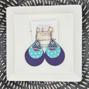 LINDSEY -  Leather Earrings  || <BR> GEOMETRIC PRINT, <BR> ROBINS EGG BLUE AND WHITE POLKA DOTS, <BR> MATTE PURPLE