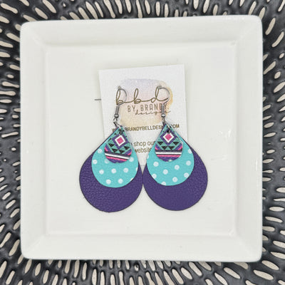 LINDSEY -  Leather Earrings  || <BR> GEOMETRIC PRINT, <BR> ROBINS EGG BLUE AND WHITE POLKA DOTS, <BR> MATTE PURPLE