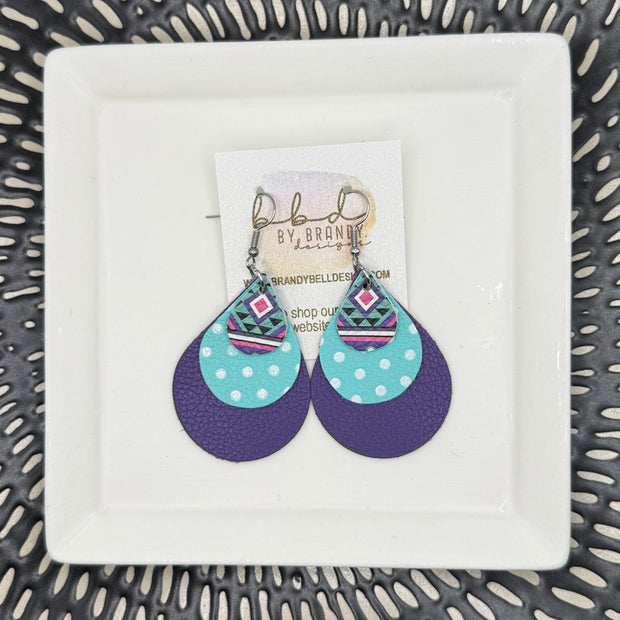 LINDSEY -  Leather Earrings  || <BR> GEOMETRIC PRINT, <BR> ROBINS EGG BLUE AND WHITE POLKA DOTS, <BR> MATTE PURPLE