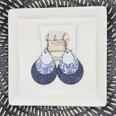 LINDSEY -  Leather Earrings  || <BR> MATTE WHITE,<BR> VINTAGE BLUE & WHITE CHINA, <BR>, METALLIC NAVY PEBBLED