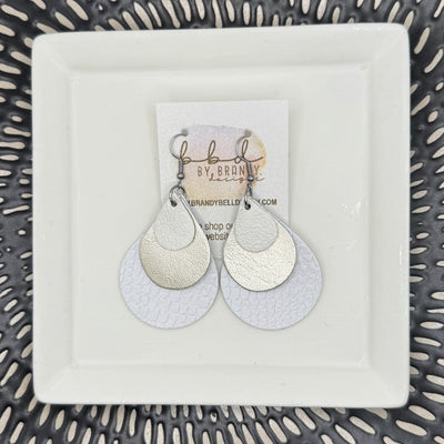 LINDSEY -  Leather Earrings  || <BR> PEARL WHITE, <BR> METALLIC CHAMPAGNE SMOOTH, <BR>, MATTE WHITE COBRA