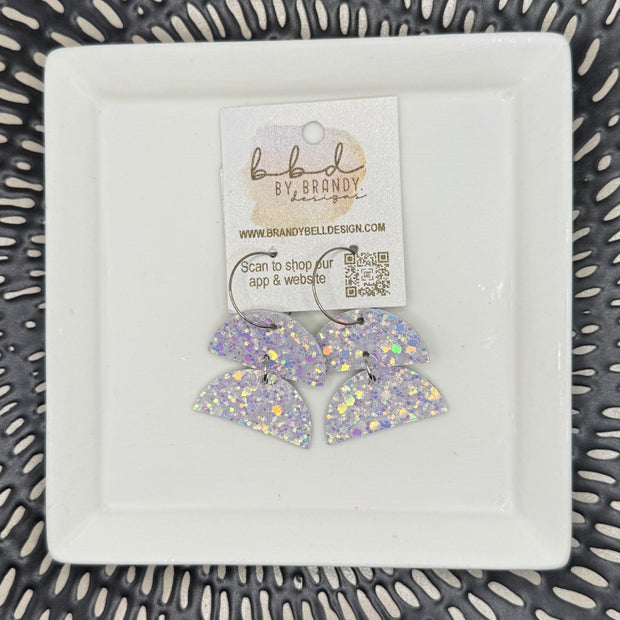 JOY -  Leather Earrings  ||   <BR> IRIDESCENT WHITE GLITTER (CORK ON LEATHER)