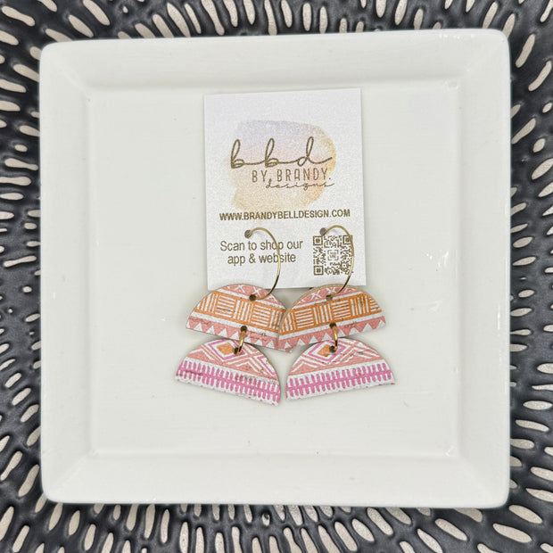 JOY -  Leather Earrings  ||   <BR> ORANGE & PINK AZTEC PRINT (CORK ON LEATHER)