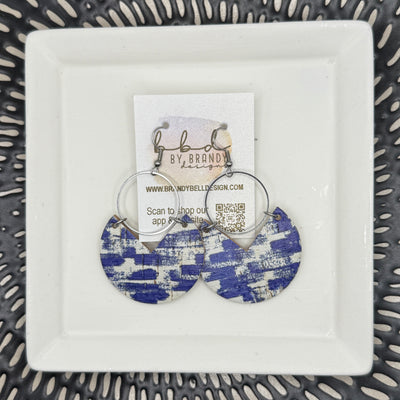 ERIN  - Leather Earrings   ||  <BR> COBALT BRUSHSTROKES (CORK ON LEATHER)