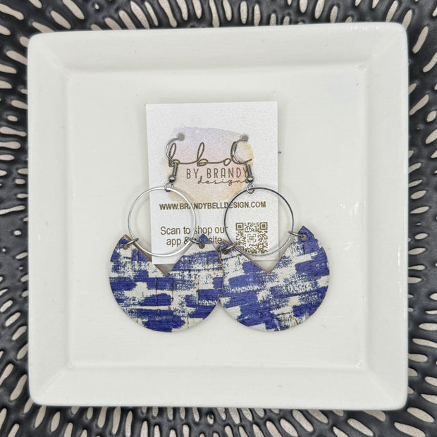 ERIN  - Leather Earrings   ||  <BR> COBALT BRUSHSTROKES (CORK ON LEATHER)