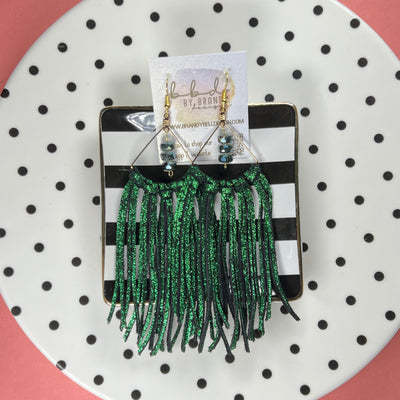 ASH  - Leather Earrings   ||  <BR> SHIMMER GREEN ON BLACK (WITH BEADS)