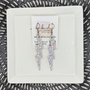 LIGHTNING BOLT (3.5”) <br> LIMITED EDITION ||  Leather Earrings || <BR> *GLITTER ON CORK* IRIDESCENT WHITE