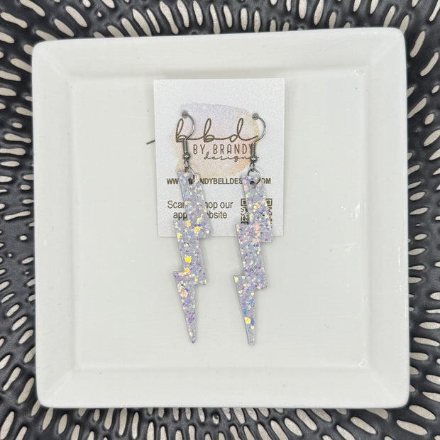 LIGHTNING BOLT (3.5”) <br> LIMITED EDITION ||  Leather Earrings || <BR> *GLITTER ON CORK* IRIDESCENT WHITE