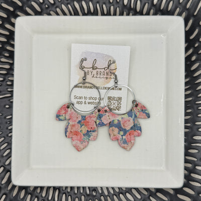 IVY - Leather Earrings  ||  <BR> PINK FLORAL ON BLUE (CORK ON LEATHER)