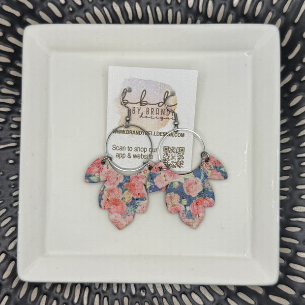 IVY - Leather Earrings  ||  <BR> PINK FLORAL ON BLUE (CORK ON LEATHER)