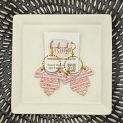 IVY -  Leather Earrings  ||   <BR> ORANGE & PINK AZTEC PRINT (CORK ON LEATHER)