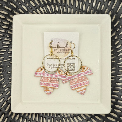 IVY -  Leather Earrings  ||   <BR> ORANGE & PINK AZTEC PRINT (CORK ON LEATHER)