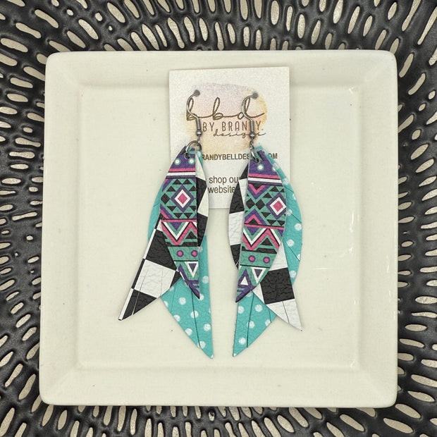 ANDY -  Leather Earrings  ||   <BR> GEOMETRIC PRINT, <BR> BLACK & WHITE CHECKERED, <BR>  ROBINS EGG BLUE AND WHITE POLKA DOTS