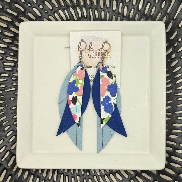 ANDY -  Leather Earrings  ||   <BR> RAINBOW FIELD FLOWER, <BR> MATTE COBALT BLUE, <BR>  MATTE LIGHT BLUE