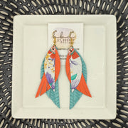 ANDY -  Leather Earrings  ||   <BR> ORANGE & PURPLE FLORAL, <BR> NEON CORAL SAFFIANO, <BR>  AQUA BRAID