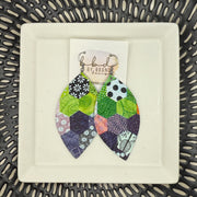 MAISY - Leather Earrings || <BR> PATCHWORK HEXAGONS (GREEN)