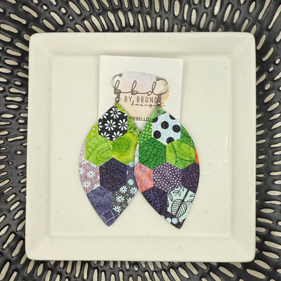 MAISY - Leather Earrings || <BR> PATCHWORK HEXAGONS (GREEN)