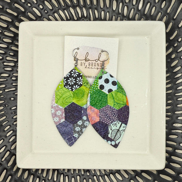 MAISY - Leather Earrings || <BR> PATCHWORK HEXAGONS (GREEN)