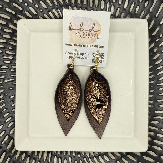 ALLIE -  Leather Earrings  ||   <BR> ROSE GOLD ON BLACK PAISLEY, <BR> PEARLIZED BROWN