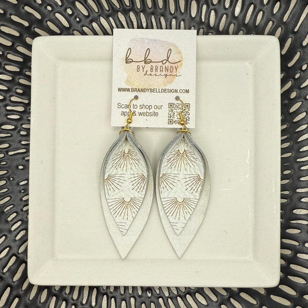 ALLIE -  Leather Earrings  ||   <BR> BOHO SUNBURSTS, <BR> PEARL WHITE