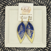 ALLIE -  Leather Earrings  ||   <BR> BLUE WITH METALLIC GOLD PYTHON, <BR> METALLIC GOLD PEBBLED