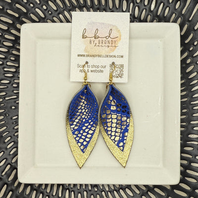 ALLIE -  Leather Earrings  ||   <BR> BLUE WITH METALLIC GOLD PYTHON, <BR> METALLIC GOLD PEBBLED