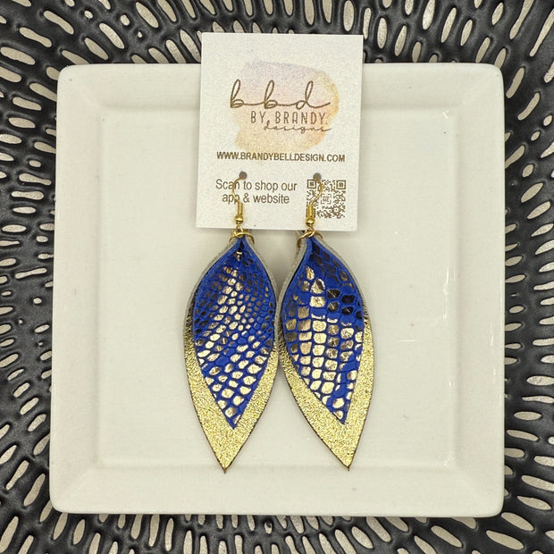ALLIE -  Leather Earrings  ||   <BR> BLUE WITH METALLIC GOLD PYTHON, <BR> METALLIC GOLD PEBBLED