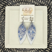 ALLIE -  Leather Earrings  ||   <BR> VINTAGE BLUE & WHITE CHINA, <BR> MATTE WHITE