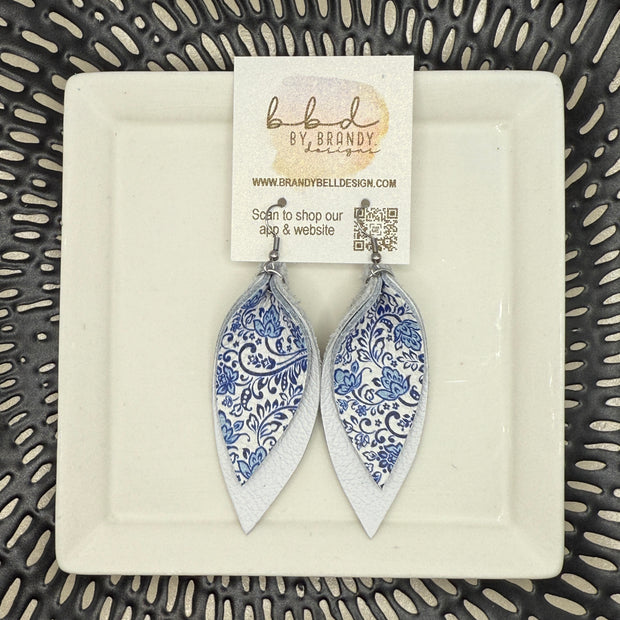 ALLIE -  Leather Earrings  ||   <BR> VINTAGE BLUE & WHITE CHINA, <BR> MATTE WHITE