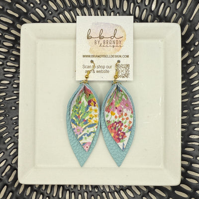 ALLIE -  Leather Earrings  ||  <BR> FUN SPRING FLORAL, <BR> MATTE AQUA MINT PEBBLED