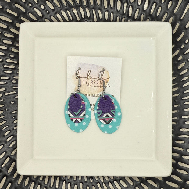 DIANE -  Leather Earrings  ||   <BR> MATTE PURPLE, <BR> GEOMETRIC PRINT, <BR>  ROBINS EGG BLUE AND WHITE POLKA DOTS