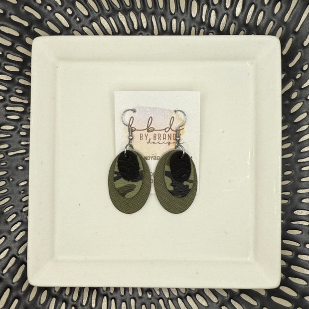 DIANE -  Leather Earrings  || <BR> BLACK BRAID,  <BR> FERN GREEN CAMOUFLAGE, <BR> OLIVE GREEN SAFFIANO