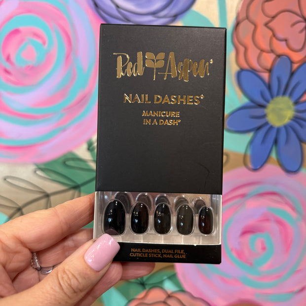 RED ASPEN NAIL DASHES- Aurora's Black Tie Affair (Short Almond)