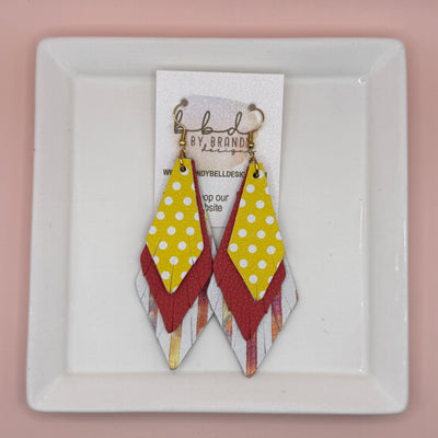 COLLEEN -  Leather Earrings  || <BR> YELLOW + WHITE POLKA DOTS,  <BR> MATTE CORAL/PINK, <BR> WATERCOLOR STRIPE