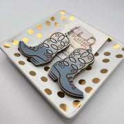 HAND-PAINTED WOODEN BOOTS (LARGE) ||  <br> Hand-painted earrings by Brandy Bell <br> LIGHT GRAY & SLATE BLUE BOOTS