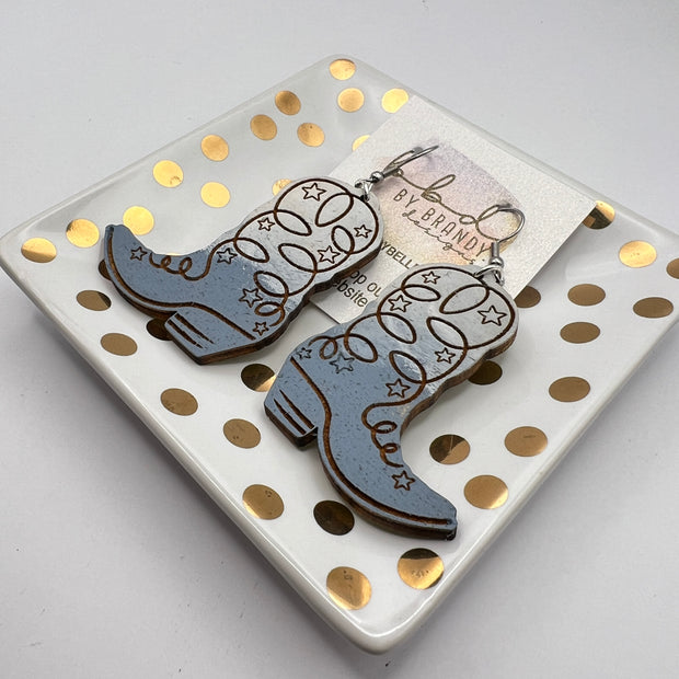 HAND-PAINTED WOODEN BOOTS (LARGE) ||  <br> Hand-painted earrings by Brandy Bell <br> LIGHT GRAY & SLATE BLUE BOOTS