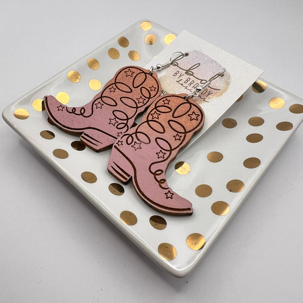 HAND-PAINTED WOODEN BOOTS (LARGE) ||  <br> Hand-painted earrings by Brandy Bell <br> ROSE GOLD & BLUSH PINK BOOTS