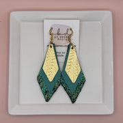 COLLEEN -  Leather Earrings  || <BR> METALLIC GOLD BRAID,  <BR>  MATTE AQUA/GREEN, <BR> SHIMMER GOLD/GREEN