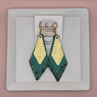 COLLEEN -  Leather Earrings  || <BR> METALLIC GOLD BRAID,  <BR>  MATTE AQUA/GREEN, <BR> SHIMMER GOLD/GREEN