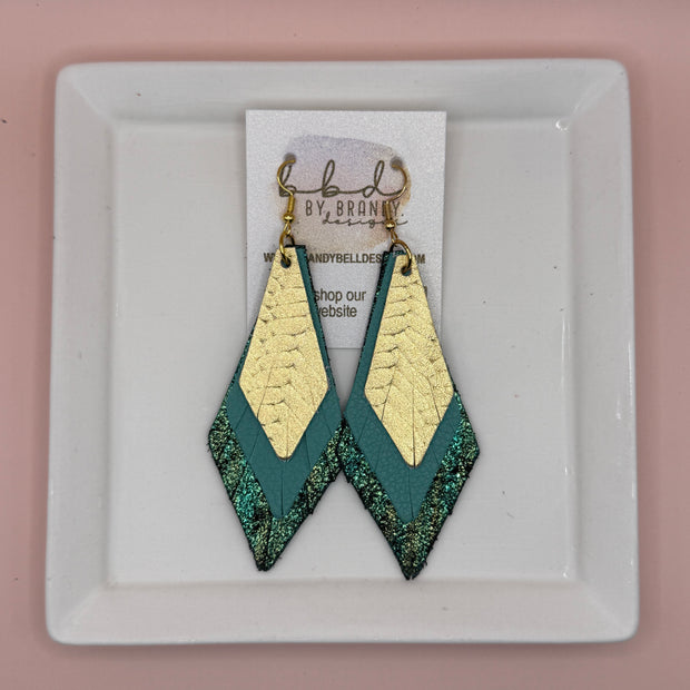 COLLEEN -  Leather Earrings  || <BR> METALLIC GOLD BRAID,  <BR>  MATTE AQUA/GREEN, <BR> SHIMMER GOLD/GREEN