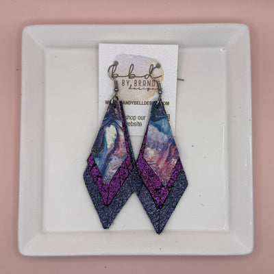 COLLEEN -  Leather Earrings  || <BR> AQUA & PURPLE MARBLE ART,  <BR>  SHIMMER FUCHSIA, <BR> METALLIC NAVY PEBBLED