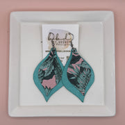 EVE -  Leather Earrings  ||  <BR> PINK PALMS, <BR> PEARLIZED AQUA