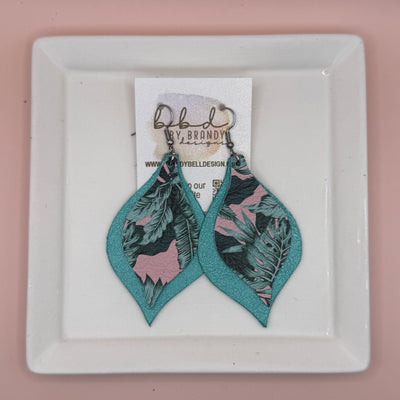 EVE -  Leather Earrings  ||  <BR> PINK PALMS, <BR> PEARLIZED AQUA