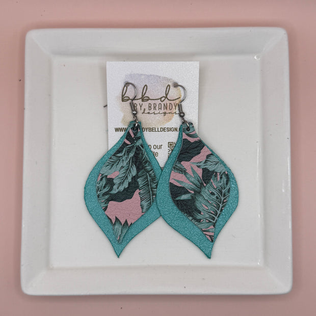 EVE -  Leather Earrings  ||  <BR> PINK PALMS, <BR> PEARLIZED AQUA