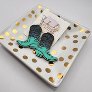 HAND-PAINTED WOODEN BOOTS (SMALL) ||  <br> Hand-painted earrings by Brandy Bell <br> NAVY & AQUA BOOTS