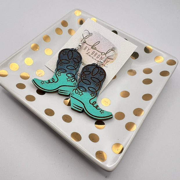HAND-PAINTED WOODEN BOOTS (SMALL) ||  <br> Hand-painted earrings by Brandy Bell <br> NAVY & AQUA BOOTS